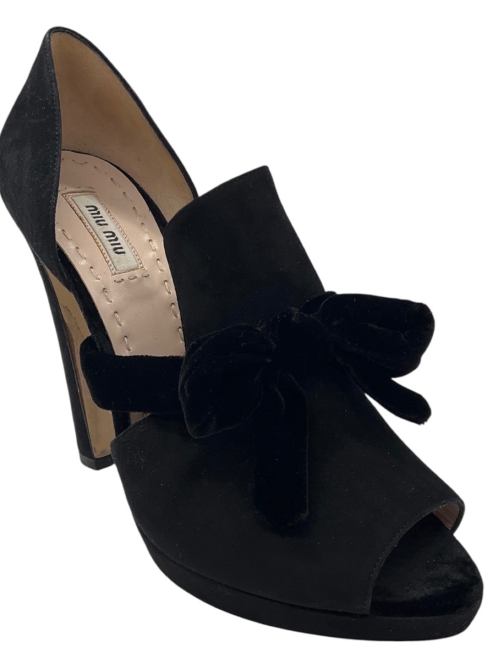 MIU MIU BLACK OPEN TOE SUEDE HEELS WITH VELVET BOW